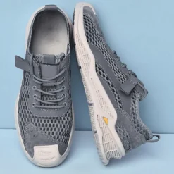 Men's Beige Mesh Sneakers with Lace-up & Velcro Strap, Breathable Casual Sports Shoes for Summer