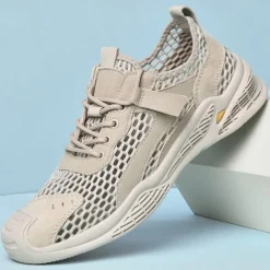 Men's Beige Mesh Sneakers with Lace-up & Velcro Strap, Breathable Casual Sports Shoes for Summer