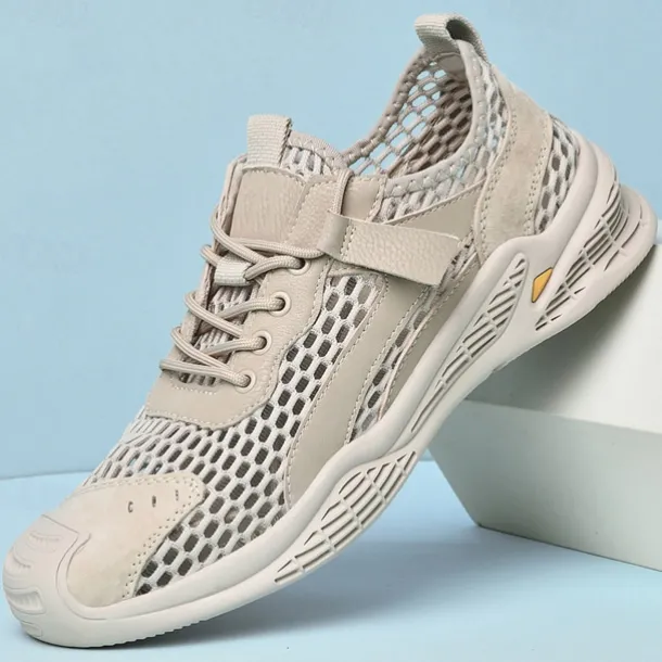 Men's Beige Mesh Sneakers with Lace-up & Velcro Strap, Breathable Casual Sports Shoes for Summer