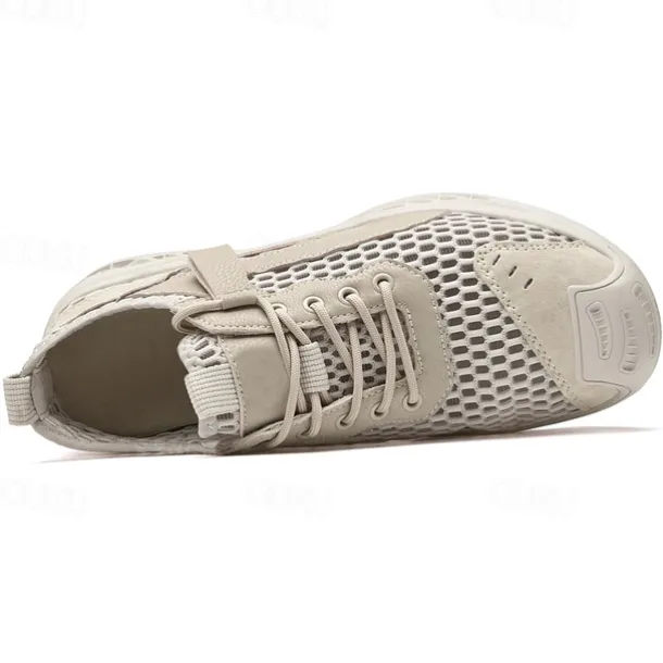 Men's Beige Mesh Sneakers with Lace-up & Velcro Strap, Breathable Casual Sports Shoes for Summer