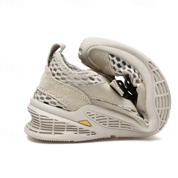 Men's Beige Mesh Sneakers with Lace-up & Velcro Strap, Breathable Casual Sports Shoes for Summer