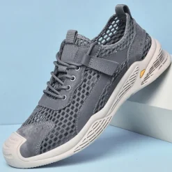 Men's Beige Mesh Sneakers with Lace-up & Velcro Strap, Breathable Casual Sports Shoes for Summer