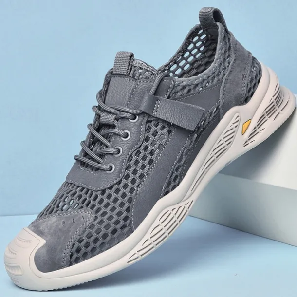 Men's Beige Mesh Sneakers with Lace-up & Velcro Strap, Breathable Casual Sports Shoes for Summer