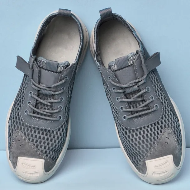 Men's Beige Mesh Sneakers with Lace-up & Velcro Strap, Breathable Casual Sports Shoes for Summer