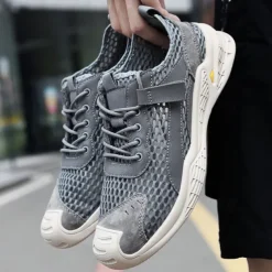 Men's Beige Mesh Sneakers with Lace-up & Velcro Strap, Breathable Casual Sports Shoes for Summer