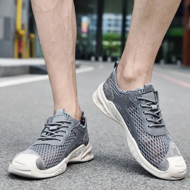 Men's Beige Mesh Sneakers with Lace-up & Velcro Strap, Breathable Casual Sports Shoes for Summer