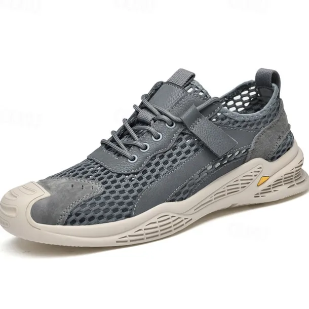 Men's Beige Mesh Sneakers with Lace-up & Velcro Strap, Breathable Casual Sports Shoes for Summer