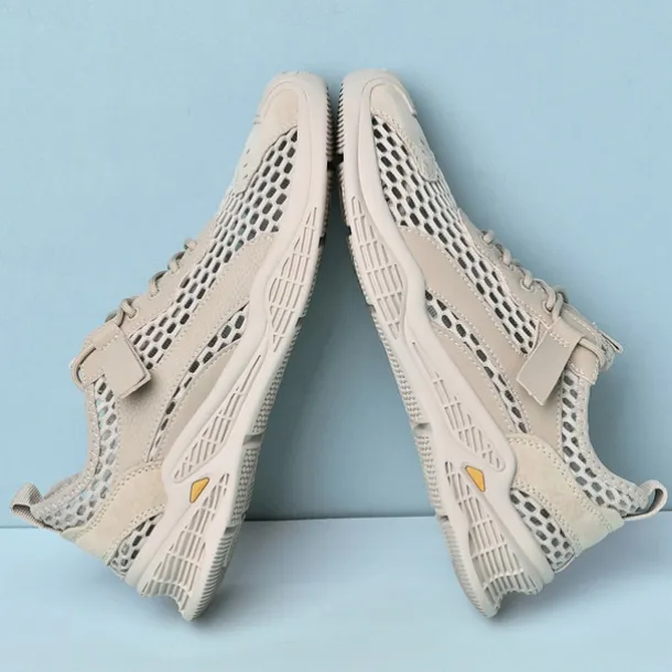 Men's Beige Mesh Sneakers with Lace-up & Velcro Strap, Breathable Casual Sports Shoes for Summer