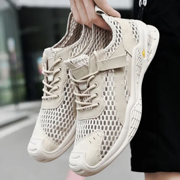Men's Beige Mesh Sneakers with Lace-up & Velcro Strap, Breathable Casual Sports Shoes for Summer