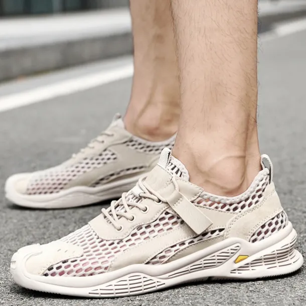 Men's Beige Mesh Sneakers with Lace-up & Velcro Strap, Breathable Casual Sports Shoes for Summer