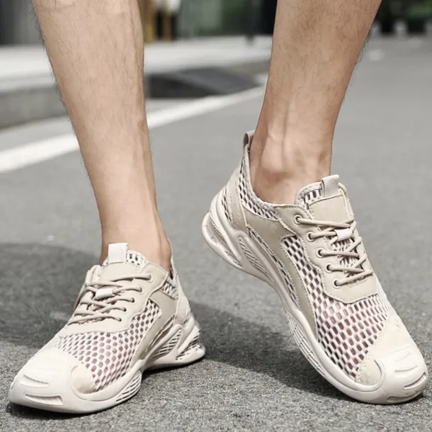 Men's Beige Mesh Sneakers with Lace-up & Velcro Strap, Breathable Casual Sports Shoes for Summer
