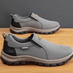 Men's Beige Slip-On Outdoor Shoes with Non-Slip Rugged Sole and Black Accents – Comfortable Casual Footwear for Everyday Use