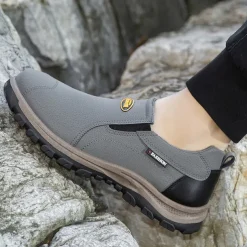 Men's Beige Slip-On Outdoor Shoes with Non-Slip Rugged Sole and Black Accents – Comfortable Casual Footwear for Everyday Use