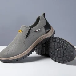 Men's Beige Slip-On Outdoor Shoes with Non-Slip Rugged Sole and Black Accents – Comfortable Casual Footwear for Everyday Use