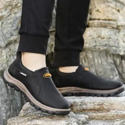 Men's Beige Slip-On Outdoor Shoes with Non-Slip Rugged Sole and Black Accents – Comfortable Casual Footwear for Everyday Use