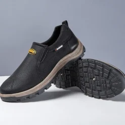 Men's Beige Slip-On Outdoor Shoes with Non-Slip Rugged Sole and Black Accents – Comfortable Casual Footwear for Everyday Use