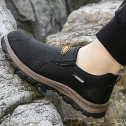 Men's Beige Slip-On Outdoor Shoes with Non-Slip Rugged Sole and Black Accents – Comfortable Casual Footwear for Everyday Use