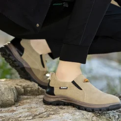 Men's Beige Slip-On Outdoor Shoes with Non-Slip Rugged Sole and Black Accents – Comfortable Casual Footwear for Everyday Use