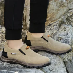 Men's Beige Slip-On Outdoor Shoes with Non-Slip Rugged Sole and Black Accents – Comfortable Casual Footwear for Everyday Use