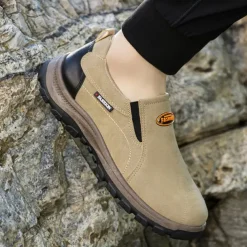 Men's Beige Slip-On Outdoor Shoes with Non-Slip Rugged Sole and Black Accents – Comfortable Casual Footwear for Everyday Use