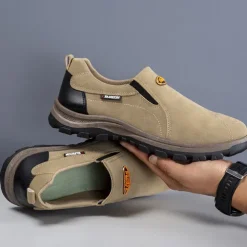 Men's Beige Slip-On Outdoor Shoes with Non-Slip Rugged Sole and Black Accents – Comfortable Casual Footwear for Everyday Use