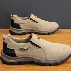 Men's Beige Slip-On Outdoor Shoes with Non-Slip Rugged Sole and Black Accents – Comfortable Casual Footwear for Everyday Use