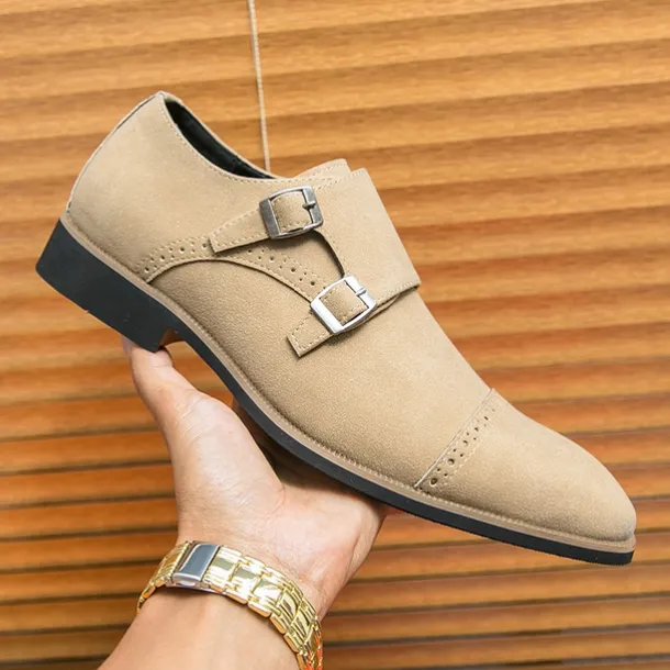 Men's Beige Suede Double Monk Strap Dress Shoes – Elegant Brogue Detailing for Formal and Semi-Formal Occasions