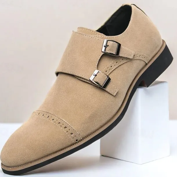 Men's Beige Suede Double Monk Strap Dress Shoes – Elegant Brogue Detailing for Formal and Semi-Formal Occasions
