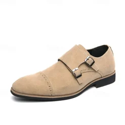 Men's Beige Suede Double Monk Strap Dress Shoes – Elegant Brogue Detailing for Formal and Semi-Formal Occasions