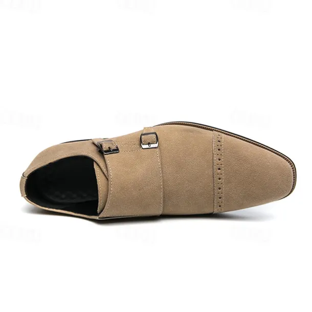 Men's Beige Suede Double Monk Strap Dress Shoes – Elegant Brogue Detailing for Formal and Semi-Formal Occasions