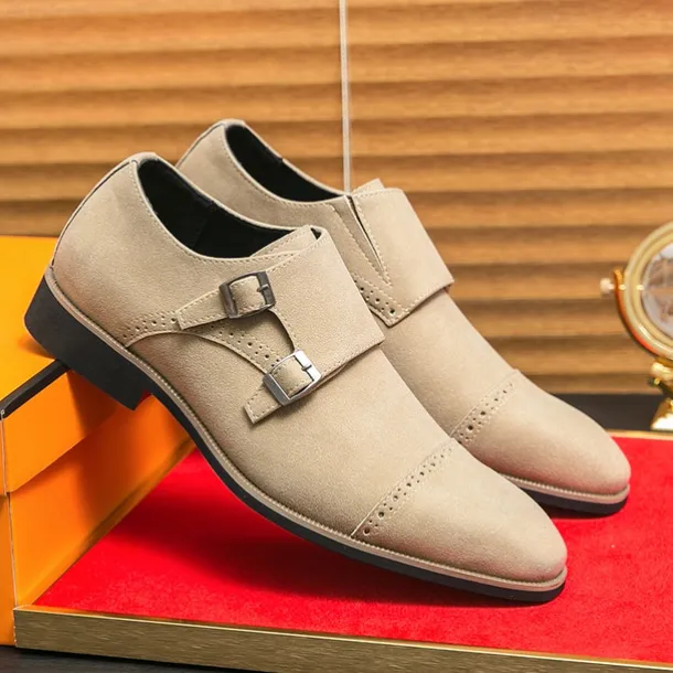 Men's Beige Suede Double Monk Strap Dress Shoes – Elegant Brogue Detailing for Formal and Semi-Formal Occasions