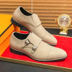 Men's Beige Suede Double Monk Strap Dress Shoes – Elegant Brogue Detailing for Formal and Semi-Formal Occasions