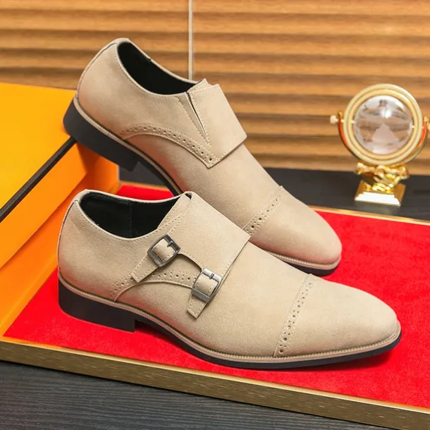 Men's Beige Suede Double Monk Strap Dress Shoes – Elegant Brogue Detailing for Formal and Semi-Formal Occasions