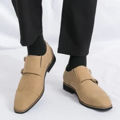 Men's Beige Suede Double Monk Strap Dress Shoes – Elegant Brogue Detailing for Formal and Semi-Formal Occasions