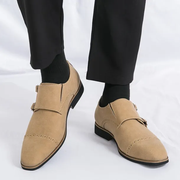 Men's Beige Suede Double Monk Strap Dress Shoes – Elegant Brogue Detailing for Formal and Semi-Formal Occasions