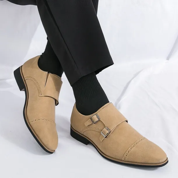 Men's Beige Suede Double Monk Strap Dress Shoes – Elegant Brogue Detailing for Formal and Semi-Formal Occasions