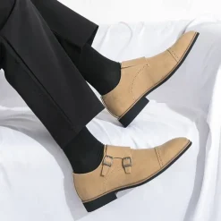 Men's Beige Suede Double Monk Strap Dress Shoes – Elegant Brogue Detailing for Formal and Semi-Formal Occasions
