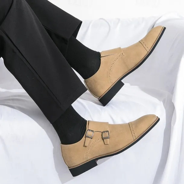 Men's Beige Suede Double Monk Strap Dress Shoes – Elegant Brogue Detailing for Formal and Semi-Formal Occasions