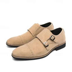 Men's Beige Suede Double Monk Strap Dress Shoes – Elegant Brogue Detailing for Formal and Semi-Formal Occasions