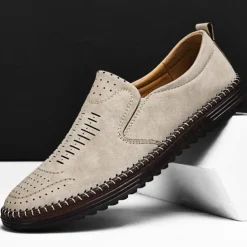 Men's Beige Suede Slip-On Loafers – Handmade Casual Moccasin Shoes for Daily Wear