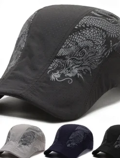 Men's Beret Hat Sun Hat Trucker Hat Black Navy Blue Polyester Fashion Casual Street Daily Dragon Adjustable Sunscreen Breathable