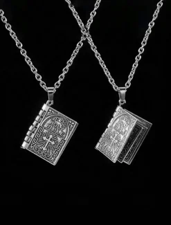 Men's Bible Pendant Necklace - Silver Religious Jewelry with Cross Detail, Christian Faith Accessory for Daily Wear and Special Occasions