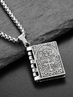 Men's Bible Pendant Necklace - Silver Religious Jewelry with Cross Detail, Christian Faith Accessory for Daily Wear and Special Occasions