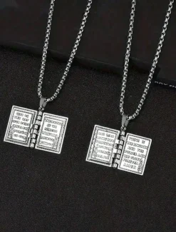 Men's Bible Pendant Necklace - Silver Religious Jewelry with Cross Detail, Christian Faith Accessory for Daily Wear and Special Occasions