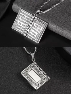 Men's Bible Pendant Necklace - Silver Religious Jewelry with Cross Detail, Christian Faith Accessory for Daily Wear and Special Occasions