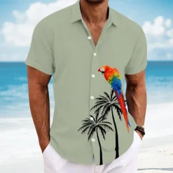 Men's Bird Coconut Tree Parrot Casual Shirt Summer Hawaiian Shirt Button Up Shirt Short Sleeve Hawaiian Resort Vacation Holiday Beach Wear Summer Spring Turndown 3D Print Collared Shirts White Blue