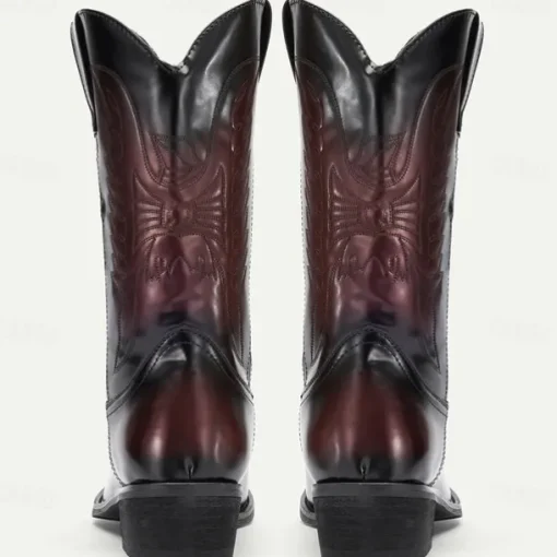Men's Black and Burgundy Faux Leather Cowboy Boots with Embroidered Design - Classic Western Boots for Rodeo and Outdoor Wear