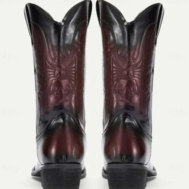 Men's Black and Burgundy Faux Leather Cowboy Boots with Embroidered Design - Classic Western Boots for Rodeo and Outdoor Wear