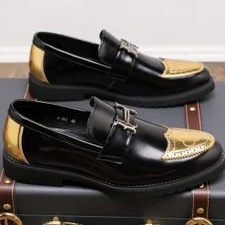 Men's Black and Gold Slip-On Loafers with Decorative Buckle and Brogue Detailing – Stylish Formal Shoes for Office and Special Occasions