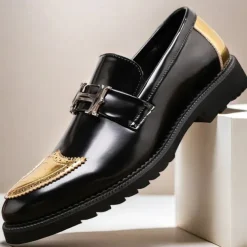 Men's Black and Gold Slip-On Loafers with Decorative Buckle and Brogue Detailing – Stylish Formal Shoes for Office and Special Occasions